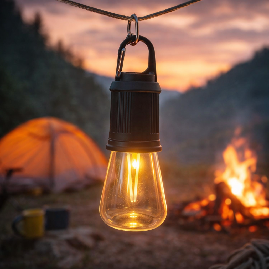 T02 Portable Hanging Camping Lamp – Type-C Rechargeable Warm Light LED Bulb with 3 Modes