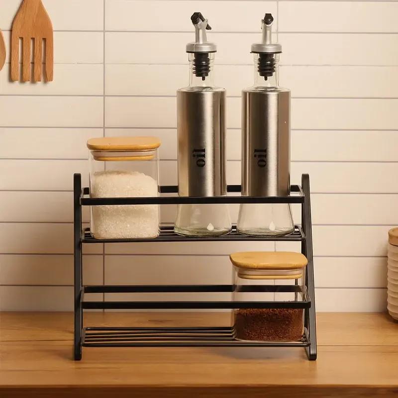 Stainless Steel Spice Rack Black Multi-Level Kitchen Storage