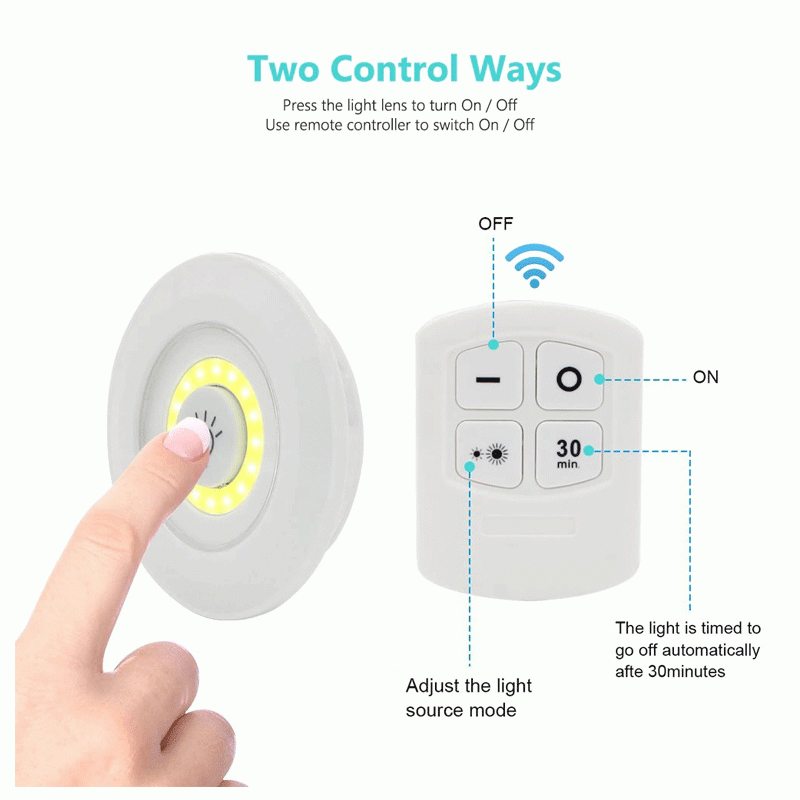 Pack of 3 LED Remote Control Lights – Tap Lights with Self Adhesive for Cabinet, Wardrobe & Kitchen ~ Cell Operated