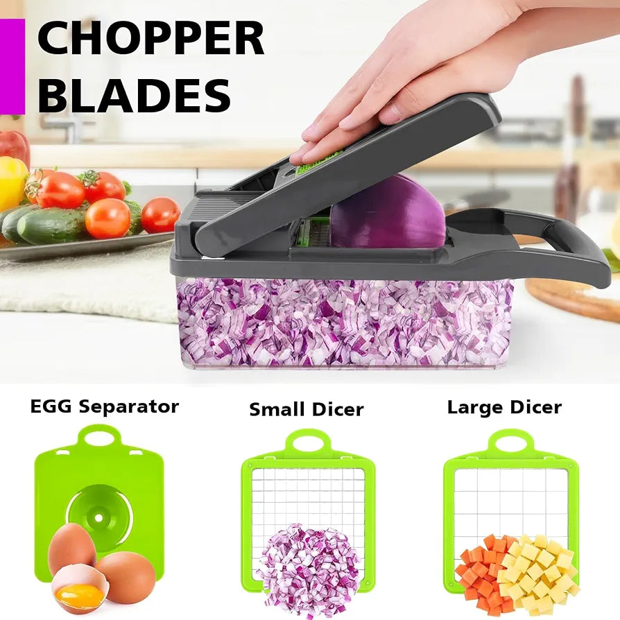 Vegetable Chopper 17 Pcs Set – Manual Onion Chopper, Food Slicer, Dicer, Grater & Potato Cutter with Handle – Multi-Function Kitchen Tool